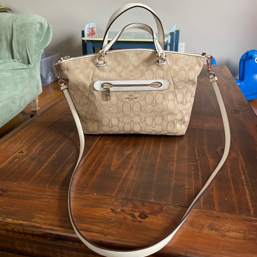 Coach Prairie Satchel Women's Signature Canvas Hand bag Purse Lt. Khaki Chalk